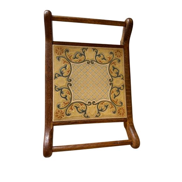 Antique vintage wood serving tray with handles handcrafted 13.5" ceramic tile - Picture 3 of 13